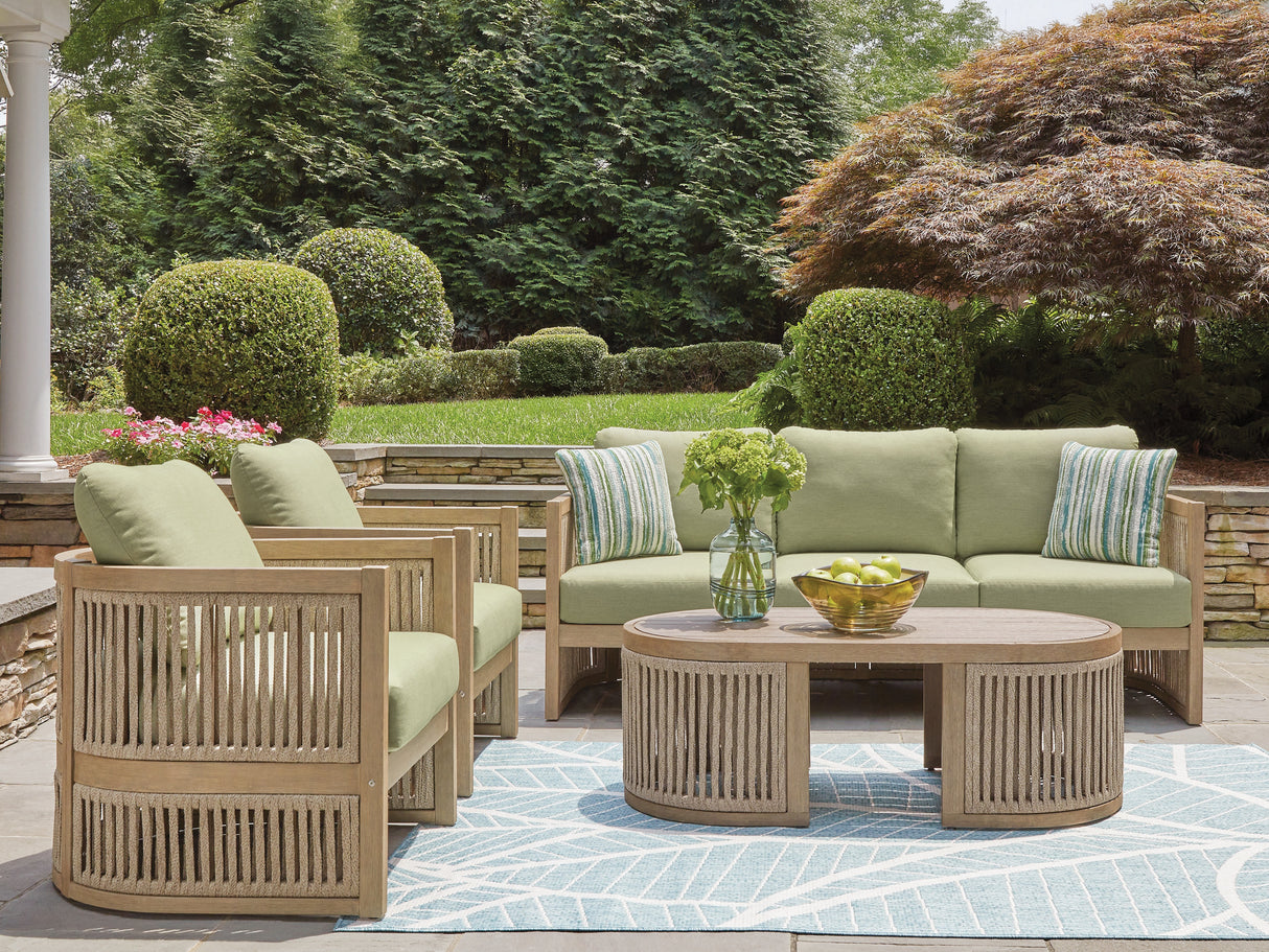 Serena Shores Outdoor Sofa and 2 Chairs with Coffee Table in Beige/Green from Ashley Furniture - Luna Furniture