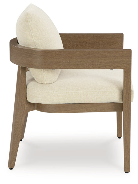 Serene Bay Dark Brown/White Outdoor Dining Arm Chair with Cushion from Ashley - Luna Furniture