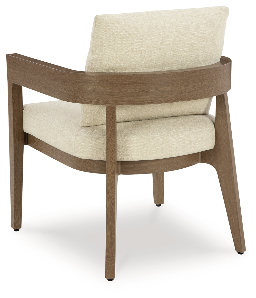 Serene Bay Dark Brown/White Outdoor Dining Arm Chair with Cushion from Ashley - Luna Furniture