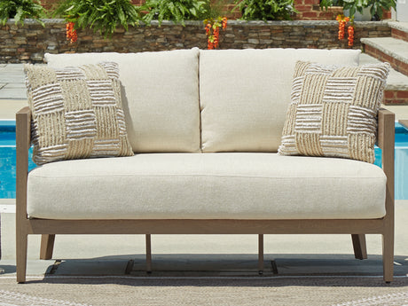 Serene Bay Dark Brown/White Outdoor Loveseat with Cushion from Ashley Furniture - Luna Furniture