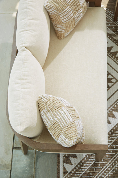 Serene Bay Dark Brown/White Outdoor Loveseat with Cushion from Ashley Furniture - Luna Furniture