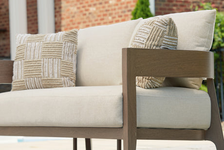Serene Bay Dark Brown/White Outdoor Loveseat with Cushion from Ashley Furniture - Luna Furniture