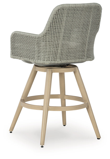 Seton Creek Beige/Gray Outdoor Bar Height Barstool with Cushion (Set of 2) from Ashley - Luna Furniture