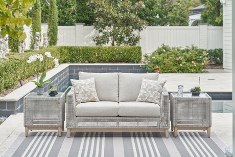 Seton Creek Outdoor Sofa and Loveseat with Coffee Table in Gray from Ashley - Luna Furniture