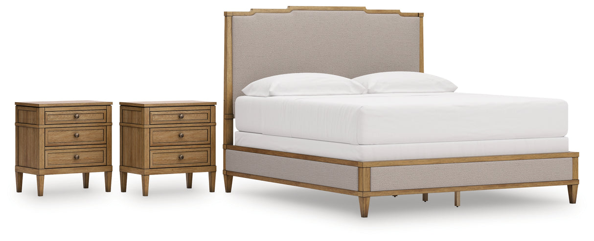 Sharlance California King Upholstered Panel Bed with 2 Nightstands in Light Brown from Ashley Furniture - Luna Furniture