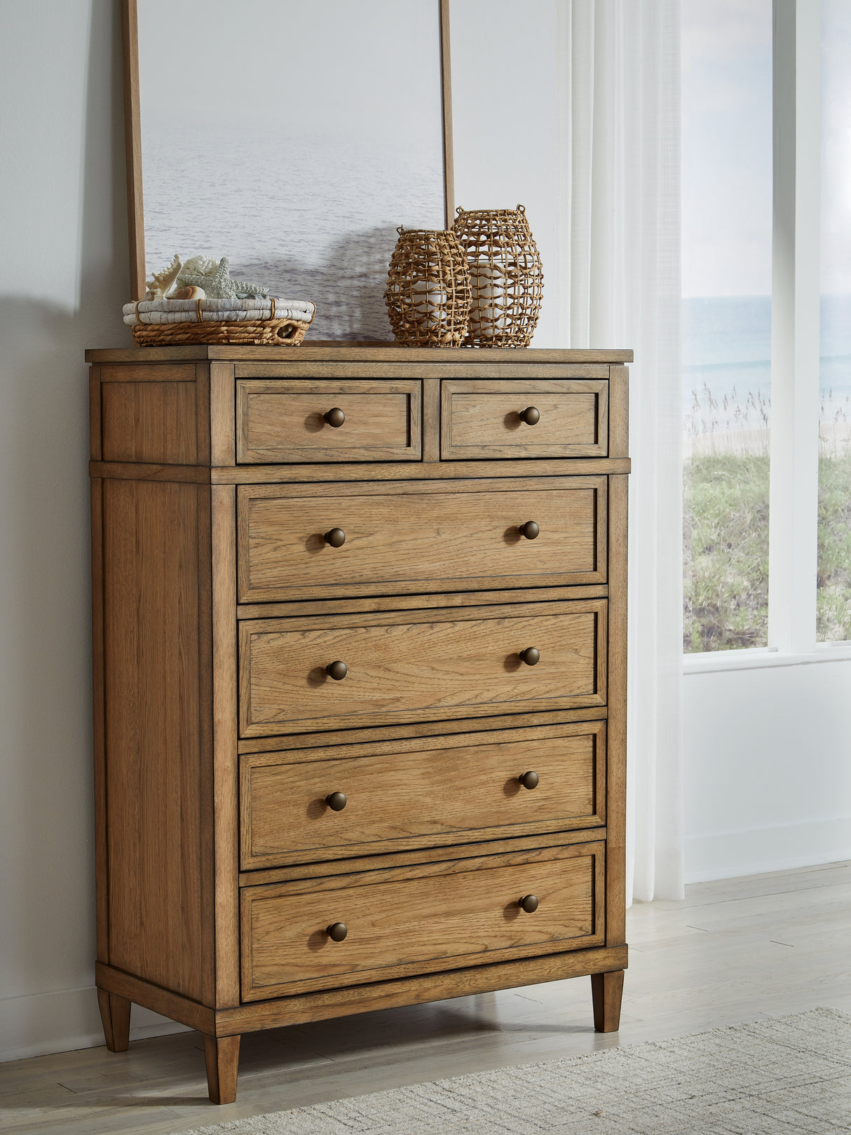 Sharlance California King Upholstered Panel Bed with Mirrored Dresser, Chest and 2 Nightstands in Light Brown from Ashley - Luna Furniture