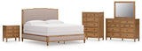 Sharlance California King Upholstered Panel Bed with Mirrored Dresser, Chest and Nightstand in Light Brown from Ashley - Luna Furniture