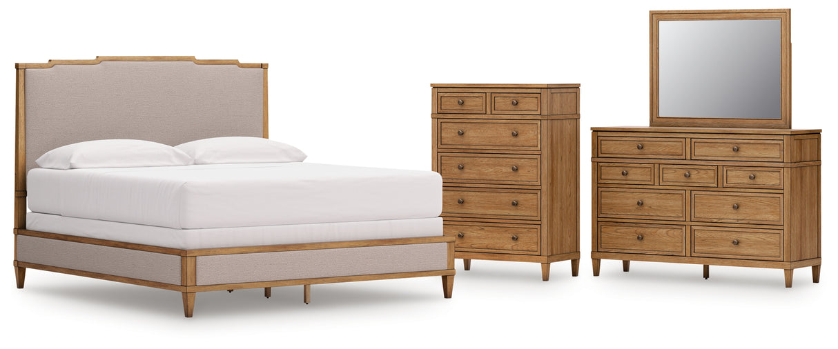 Sharlance California King Upholstered Panel Bed with Mirrored Dresser and Chest in Light Brown from Ashley Furniture - Luna Furniture