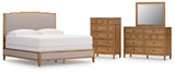 Sharlance California King Upholstered Panel Bed with Mirrored Dresser and Chest in Light Brown from Ashley Furniture - Luna Furniture