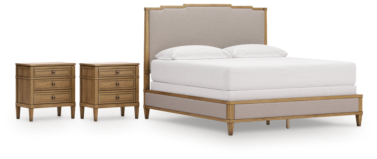 Sharlance King Upholstered Panel Bed with 2 Nightstands in Light Brown from Ashley Furniture - Luna Furniture
