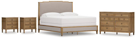Sharlance King Upholstered Panel Bed with Dresser and 2 Nightstands in Light Brown from Ashley - Luna Furniture