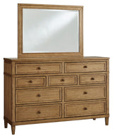 Sharlance King Upholstered Panel Bed with Mirrored Dresser, Chest and Nightstand in Light Brown from Ashley - Luna Furniture