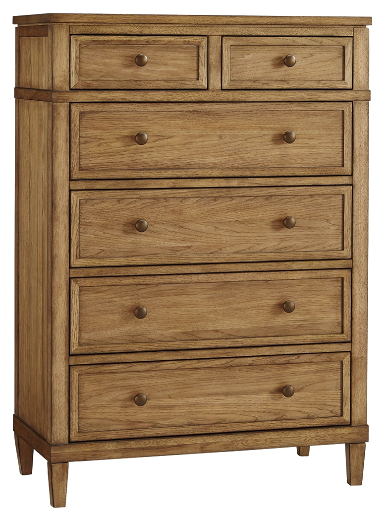 Sharlance King Upholstered Panel Bed with Mirrored Dresser, Chest and Nightstand in Light Brown from Ashley - Luna Furniture