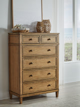 Sharlance King Upholstered Panel Bed with Mirrored Dresser, Chest and Nightstand in Light Brown from Ashley - Luna Furniture