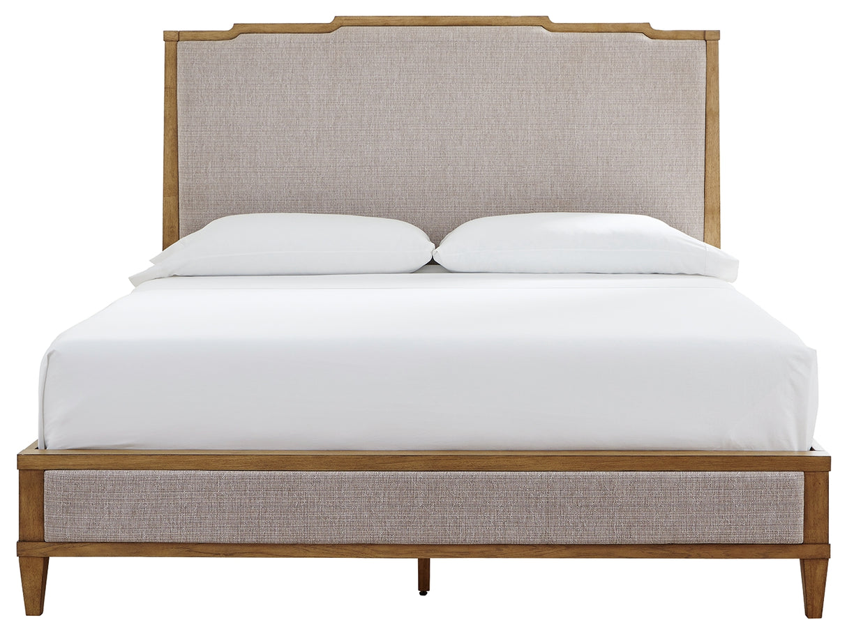 Sharlance King Upholstered Panel Bed with Mirrored Dresser and 2 Nightstands in Light Brown from Ashley - Luna Furniture