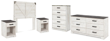Shawburn Full Panel Headboard with Dresser, Chest and 2 Nightstands in Whitewash from Ashley - Luna Furniture
