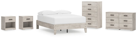Shawburn Full Platform Bed with Dresser, Chest and 2 Nightstands in Whitewash from Ashley - Luna Furniture