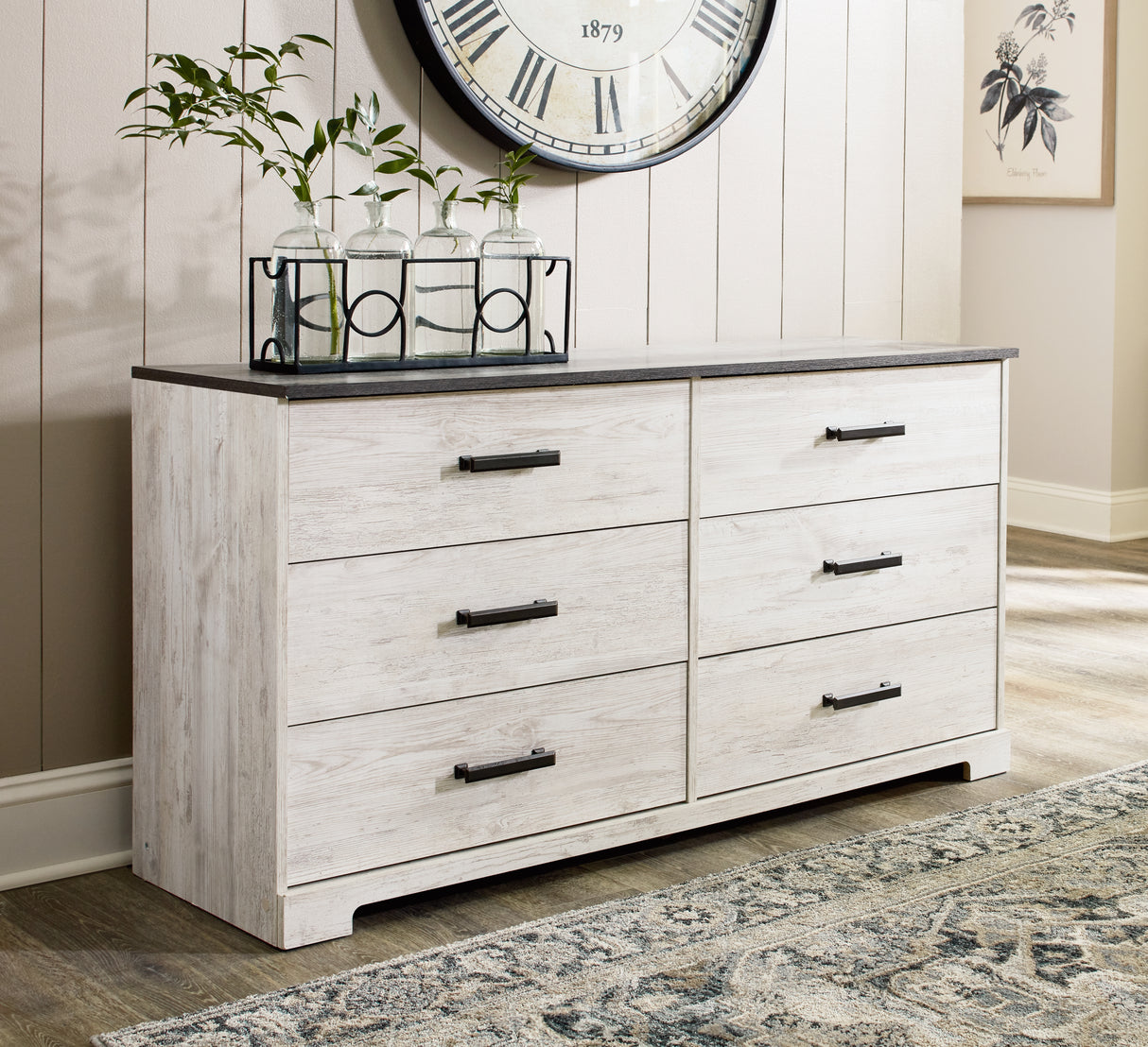 Shawburn Full Platform Bed with Dresser, Chest and Nightstand in Whitewash from Ashley - Luna Furniture