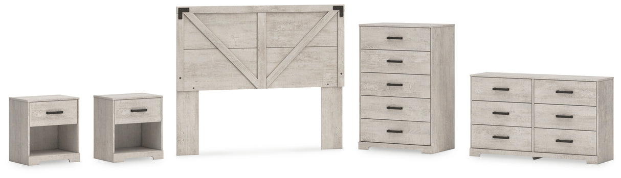 Shawburn Queen Crossbuck Panel Headboard with Dresser, Chest and 2 Nightstands in Whitewash from Ashley - Luna Furniture
