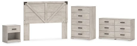Shawburn Queen Crossbuck Panel Headboard with Dresser, Chest and Nightstand in Whitewash from Ashley - Luna Furniture