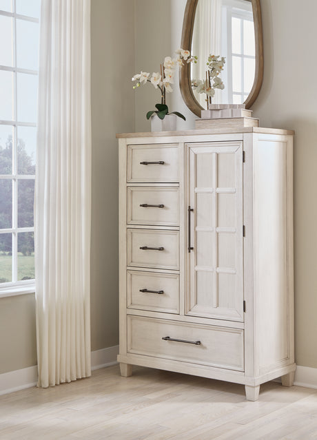 Shaybrock California King Panel Bed with Mirrored Dresser, Chest and 2 Nightstands in Antique White from Ashley - Luna Furniture
