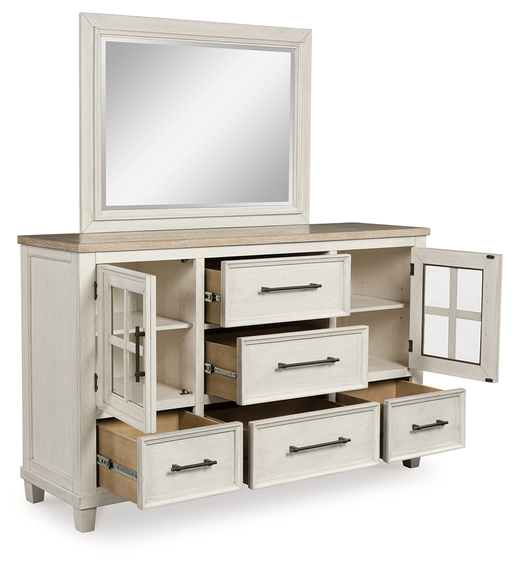 Shaybrock King Panel Bed with Mirrored Dresser, Chest and 2 Nightstands in Antique White from Ashley - Luna Furniture