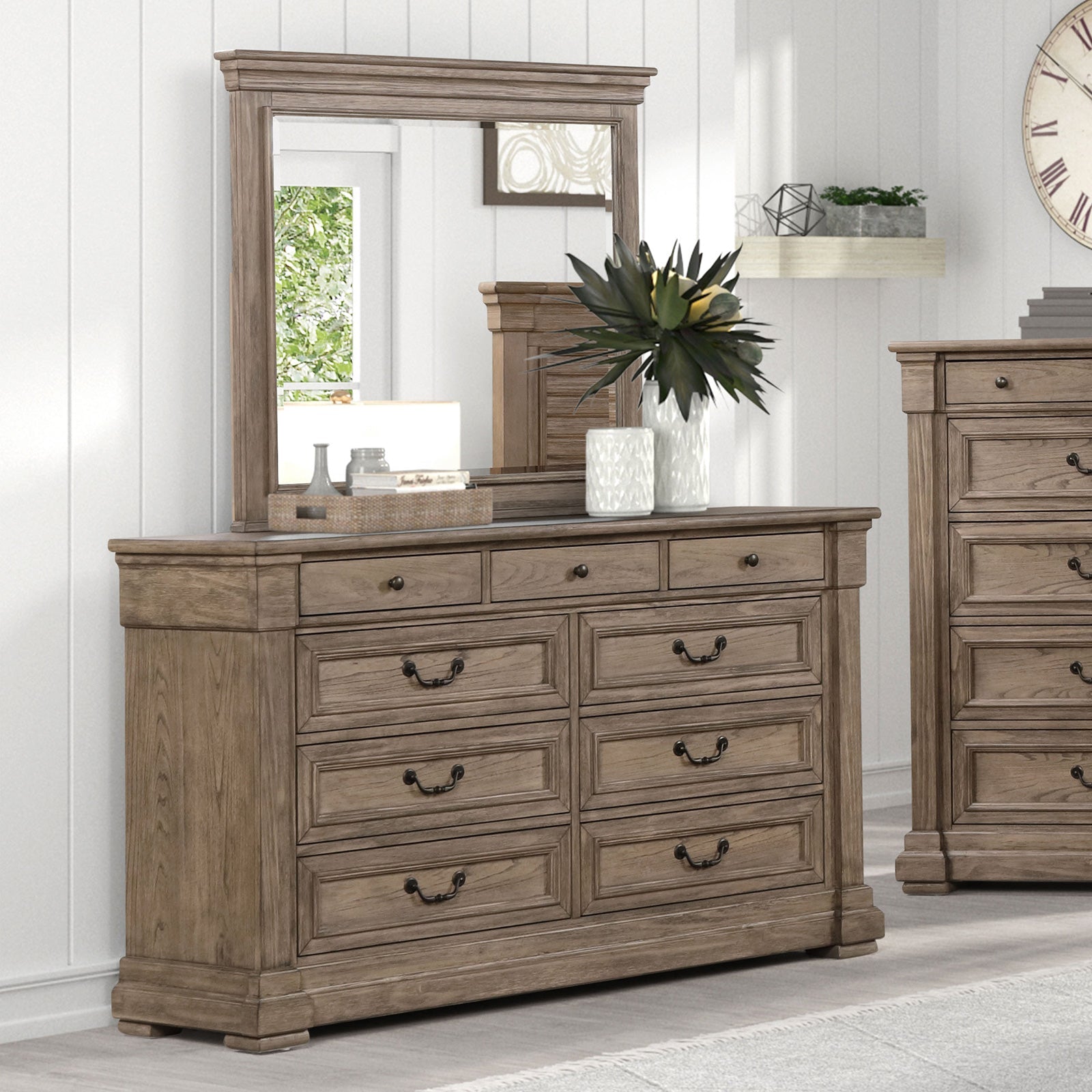 grey weathered dresser Floren Contemporary Weathered Gray Wood 6-Drawer Dresser with Mirror Roundhill Furniture
