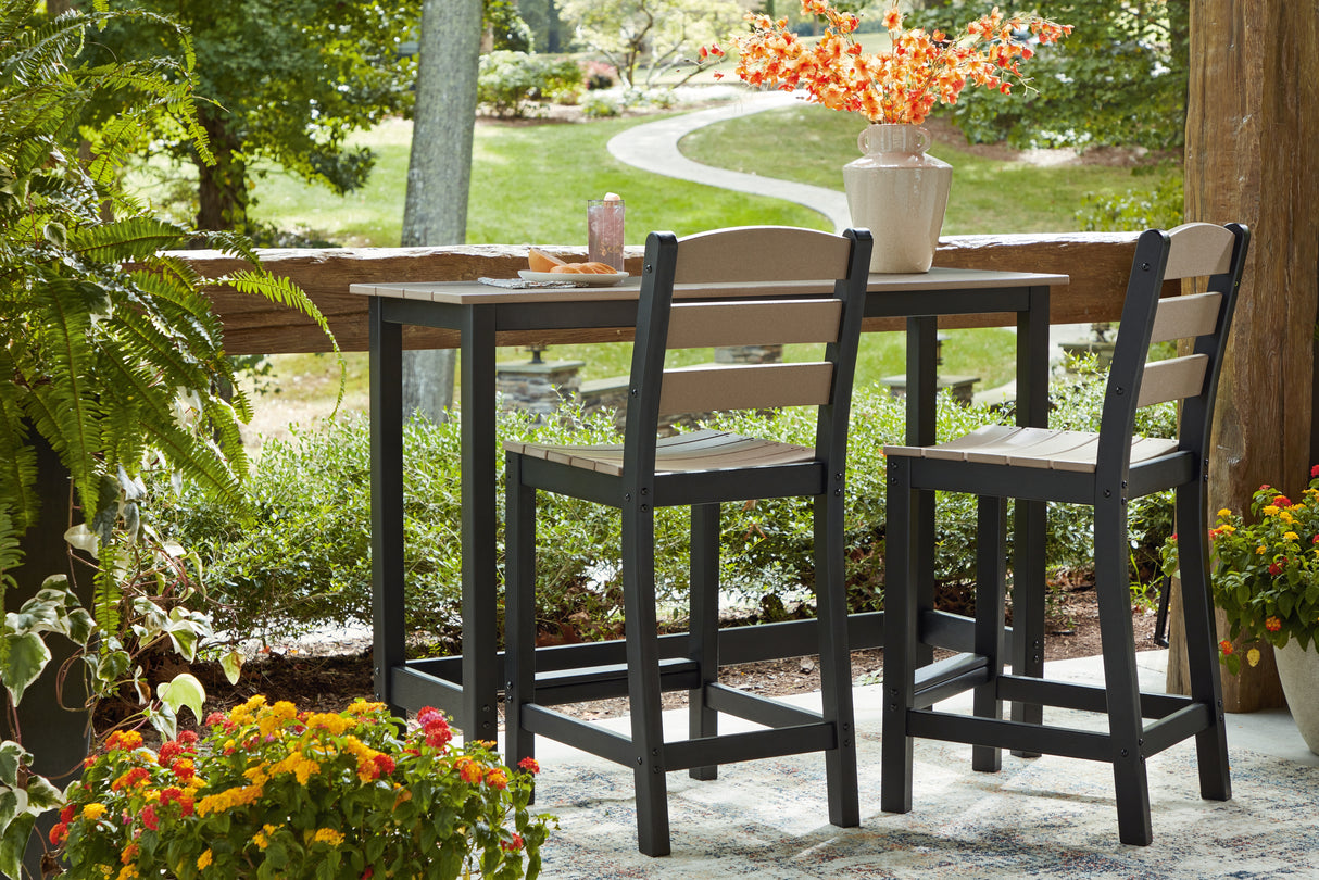 Shoreline Beach Black/Beige Outdoor Counter Table and 2 Barstools from Ashley Furniture - Luna Furniture