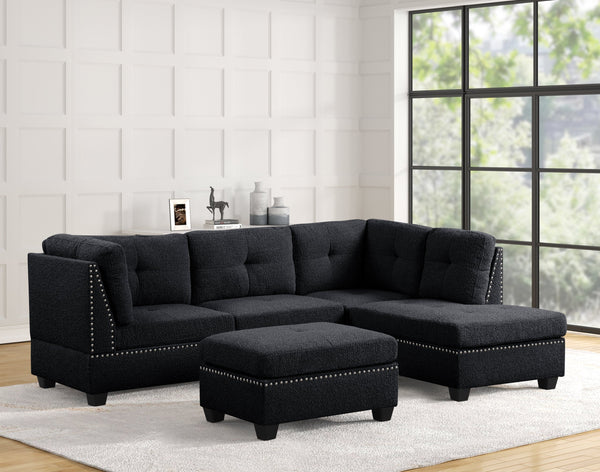 Sienna Boucle Black Sectional with Ottoman