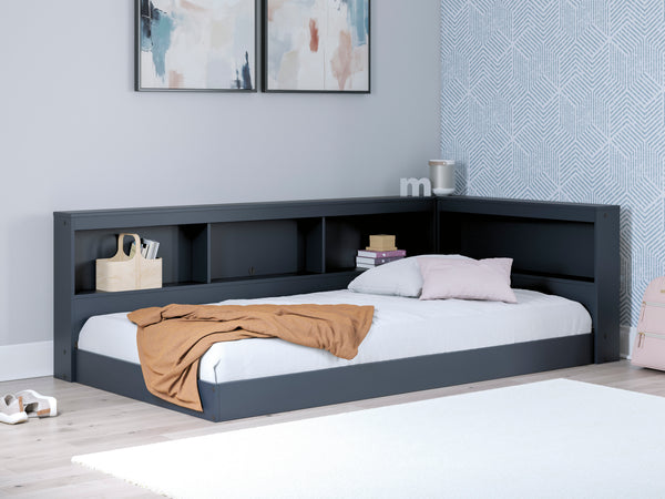 Simmenfort Navy Blue Twin Bookcase Corner Storage Bed