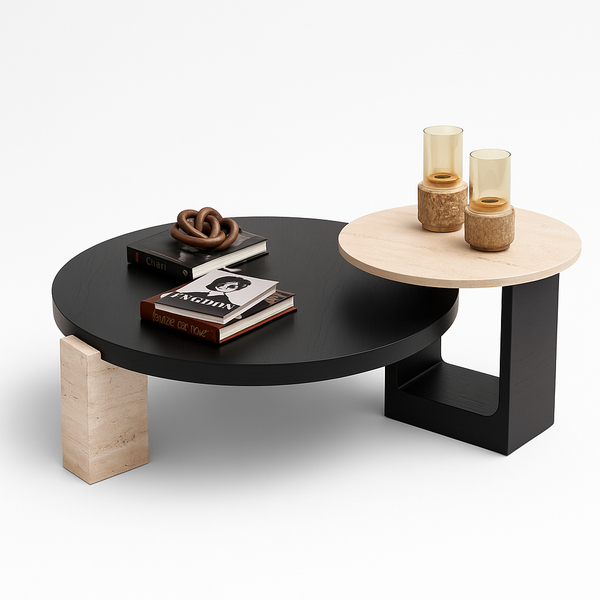 Sini Black Travertine 2-Piece Coffee Table Set