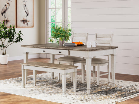 Skempton White/Light Brown Dining Table, 2 Chairs, and Bench from Ashley - Luna Furniture