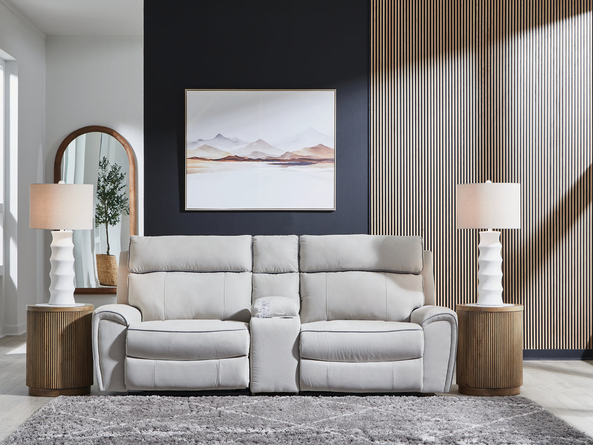 Social Pointe Pearl/Ash 3-Piece Power Reclining Loveseat with Console from Ashley Furniture - Luna Furniture