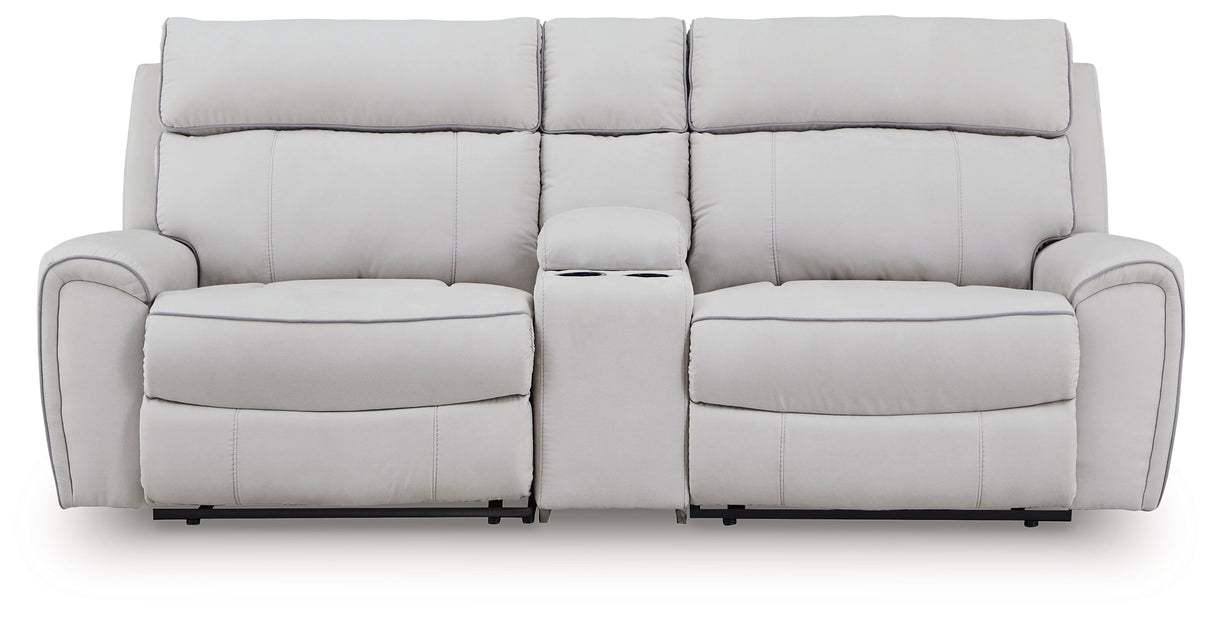 Social Pointe Pearl/Ash 3-Piece Power Reclining Loveseat with Console from Ashley Furniture - Luna Furniture