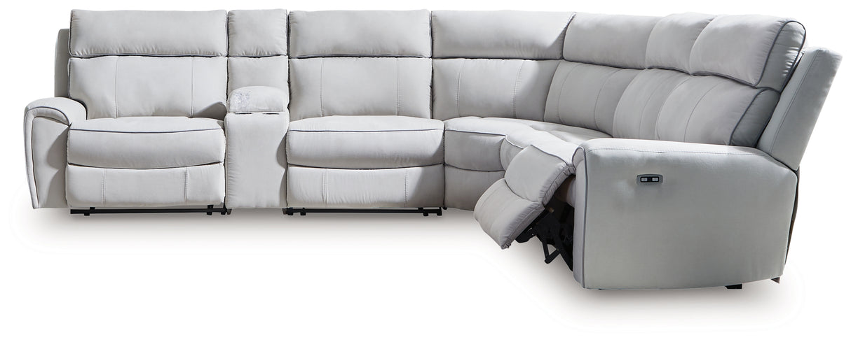 Social Pointe Pearl/Ash 6-Piece Power Reclining Sectional with Storage Console from Ashley Furniture - Luna Furniture