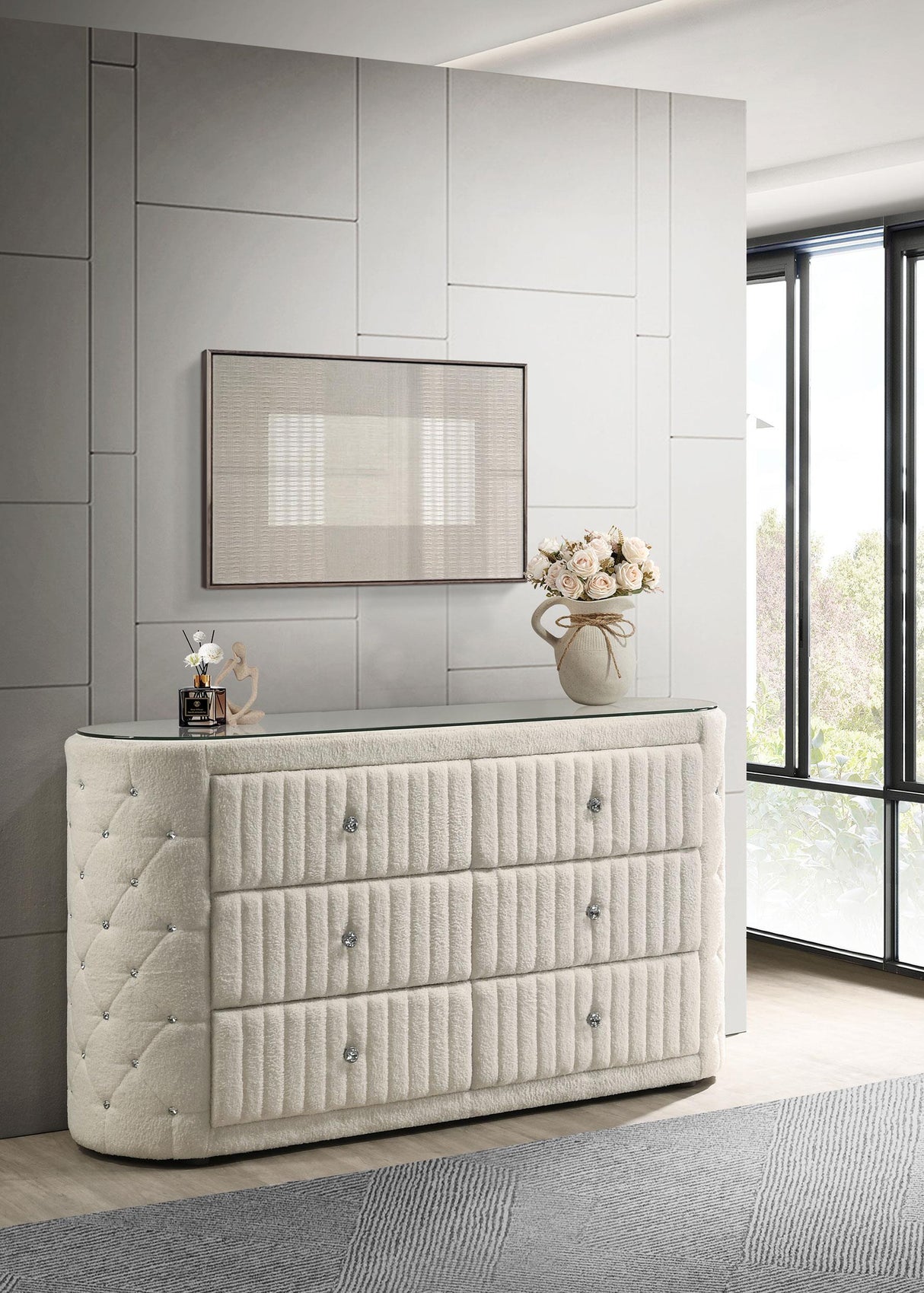 Sonya Ivory 6-Drawer Upholstered Bedroom Dresser  Luna Furniture