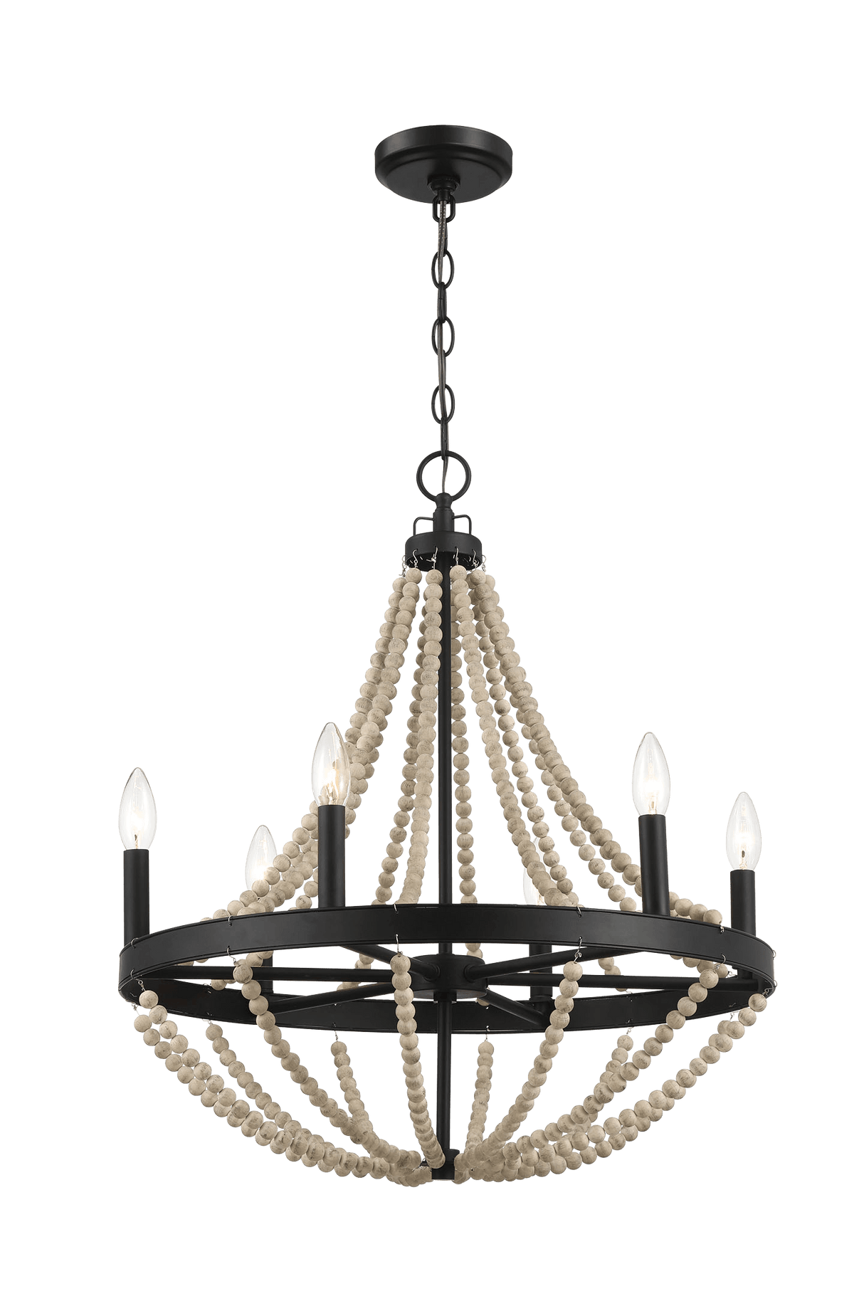 Starry Wood Chandelier Farmhouse Six Candle Light Wood Beaded Black Pendant Light for Dining Room from Midinmod - Luna Furniture