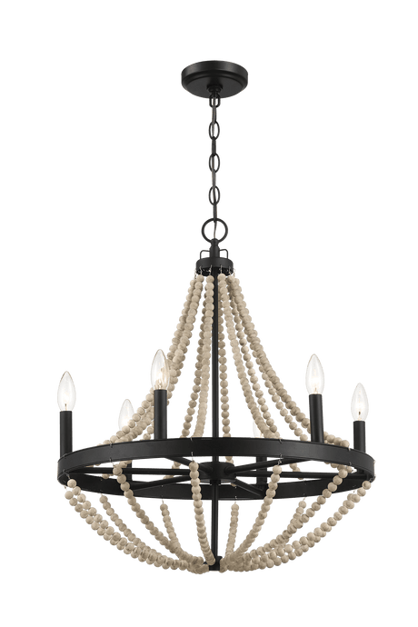 Starry Wood Chandelier Farmhouse Six Candle Light Wood Beaded Black Pendant Light for Dining Room from Midinmod - Luna Furniture