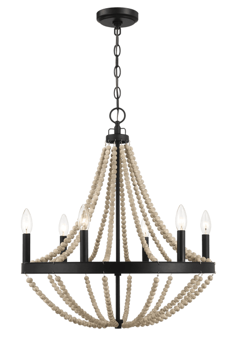 Starry Wood Chandelier Farmhouse Six Candle Light Wood Beaded Black Pendant Light for Dining Room from Midinmod - Luna Furniture