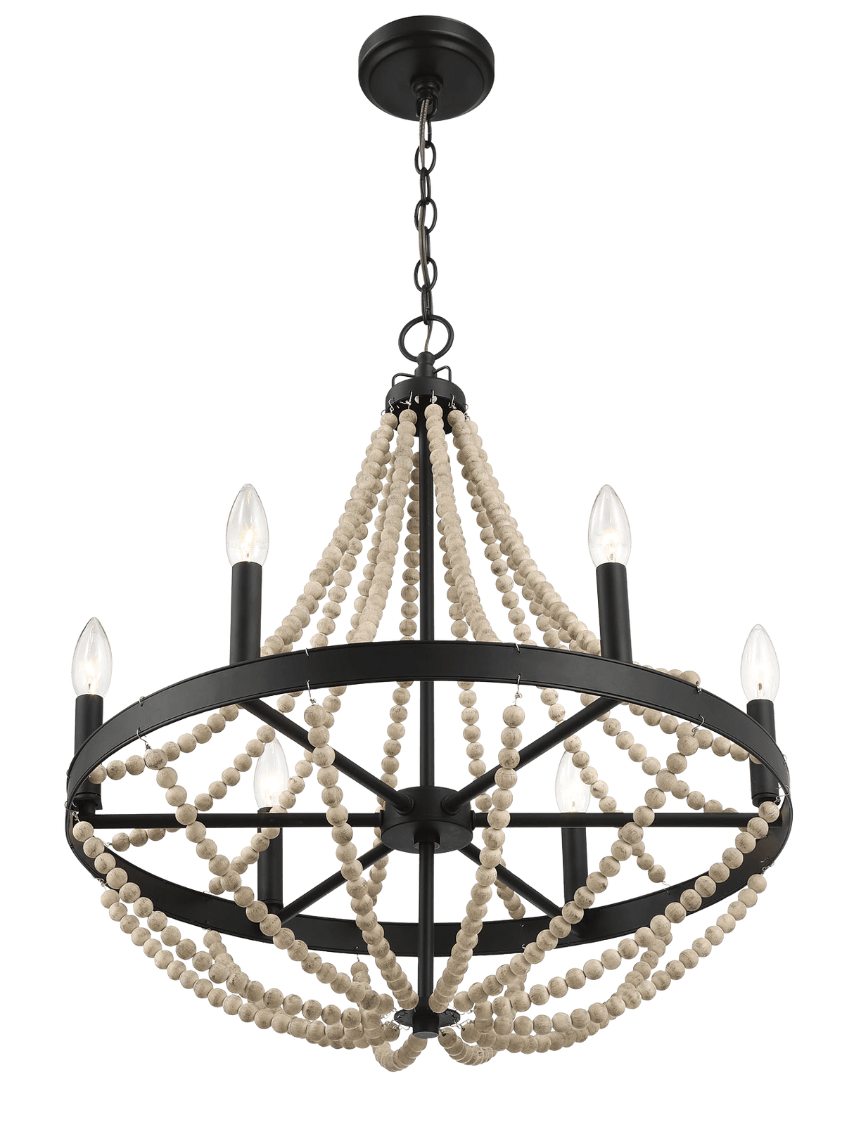 Starry Wood Chandelier Farmhouse Six Candle Light Wood Beaded Black Pendant Light for Dining Room from Midinmod - Luna Furniture