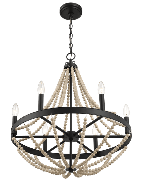 Starry Wood Chandelier Farmhouse Six Candle Light Wood Beaded Black Pendant Light for Dining Room from Midinmod - Luna Furniture