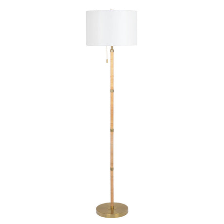 Stellar Wood Rattan Tube , Gold Brass Metal and White Linen Shade Floor Lamp from Midinmod - Luna Furniture