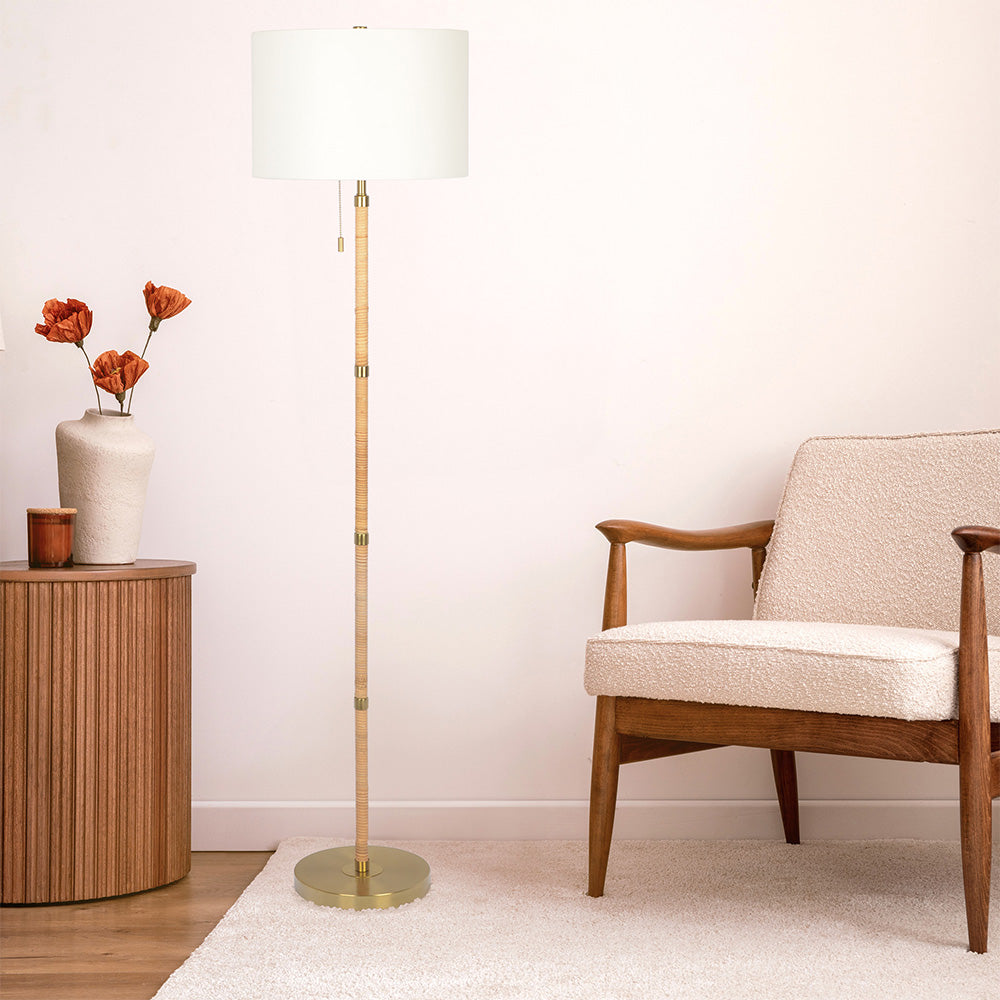 Stellar Wood Rattan Tube , Gold Brass Metal and White Linen Shade Floor Lamp from Midinmod - Luna Furniture