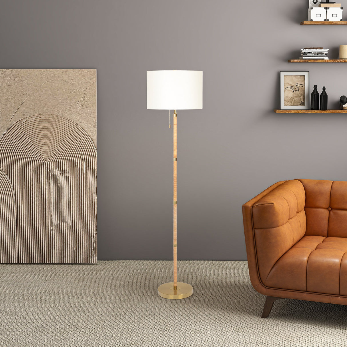 Stellar Wood Rattan Tube , Gold Brass Metal and White Linen Shade Floor Lamp from Midinmod - Luna Furniture
