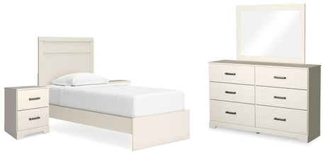 Stelsie Twin Panel Bed with Mirrored Dresser and 2 Nightstands in White from Ashley - Luna Furniture