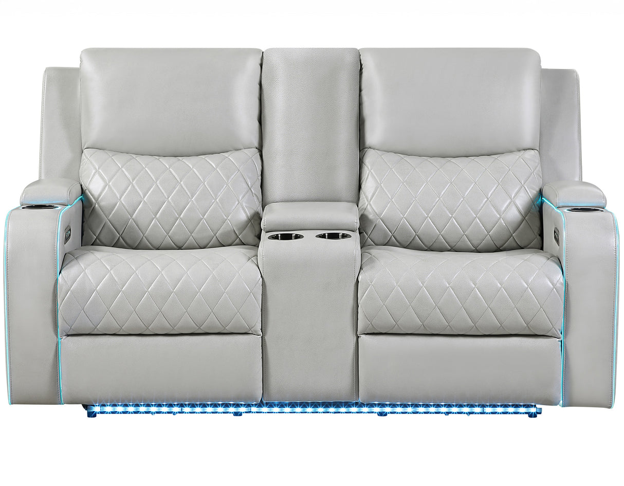 Luna Home Cinema Power Reclining Console Loveseat, Ice Vegan Leather from Steve Silver - Luna Furniture