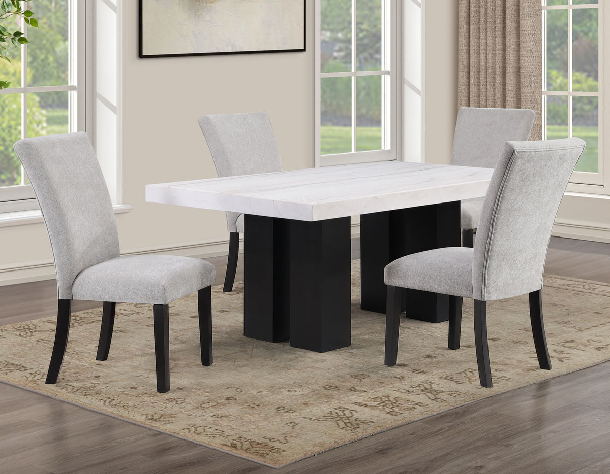 Artemis White/Gray 5-Piece 70″ Rectangle Marble Top Dining Set with Chenille Chairs from Steve Silver - Luna Furniture