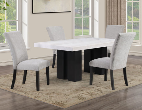 Artemis White/Gray 5-Piece 70″ Rectangle Marble Top Dining Set with Chenille Chairs from Steve Silver - Luna Furniture