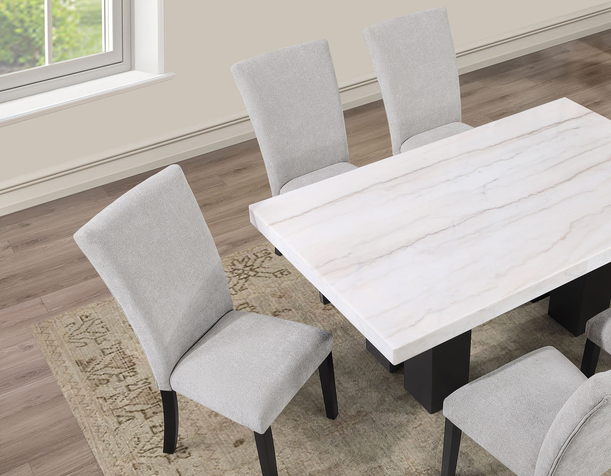 Artemis White/Gray 5-Piece 70″ Rectangle Marble Top Dining Set with Chenille Chairs from Steve Silver - Luna Furniture