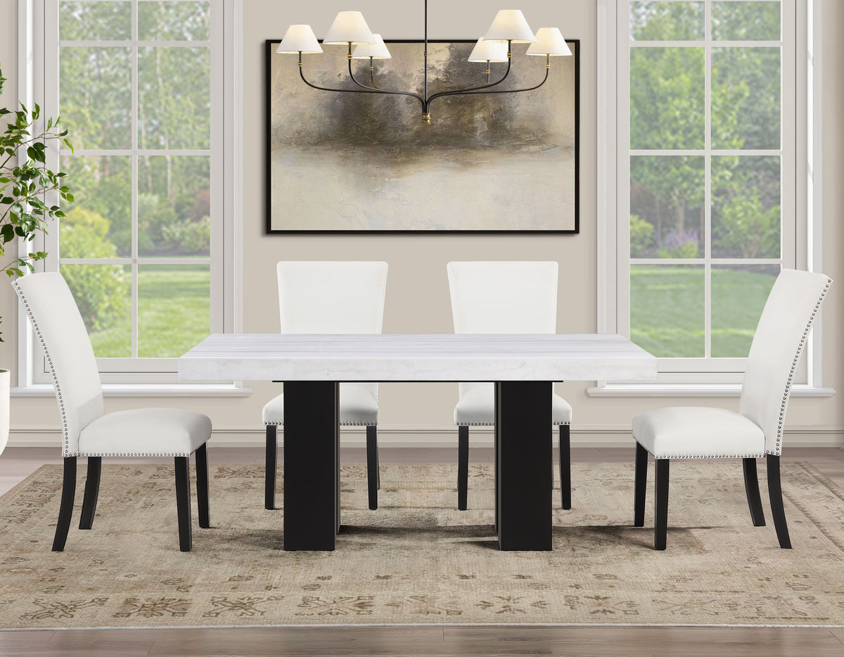 Artemis White/Black 5-Piece 70" Rectangle White Marble Table with 4 White Vegan Leather Chairs from Steve Silver - Luna Furniture